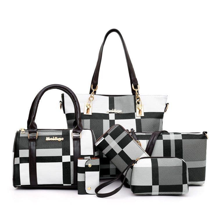 image-The new plaid six-piece tote bag contrasting color trend one-shoulder handbags cross-border one-piece drop-shipping to the world