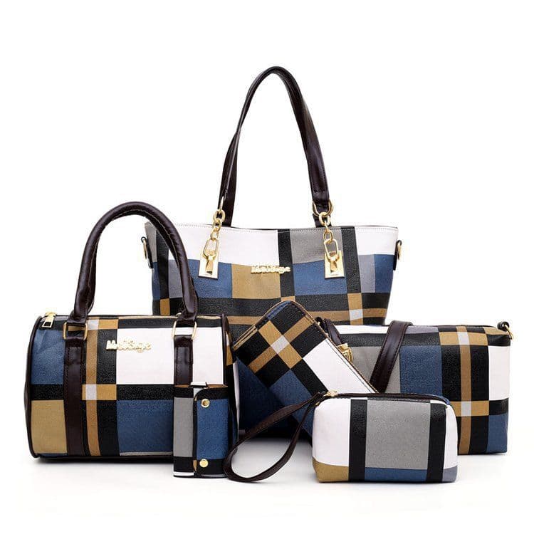 image-The new plaid six-piece tote bag contrasting color trend one-shoulder handbags cross-border one-piece drop-shipping to the world