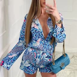 image-Amazon Europe and America Fashion Casual Suit Beach Sun Protection Suit Long Sleeve Shirt Shorts Bandana Three Piece Set