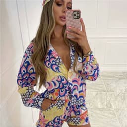 image-Amazon Europe and America Fashion Casual Suit Beach Sun Protection Suit Long Sleeve Shirt Shorts Bandana Three Piece Set