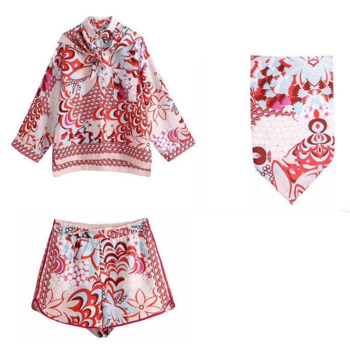 image-Amazon Europe and America Fashion Casual Suit Beach Sun Protection Suit Long Sleeve Shirt Shorts Bandana Three Piece Set