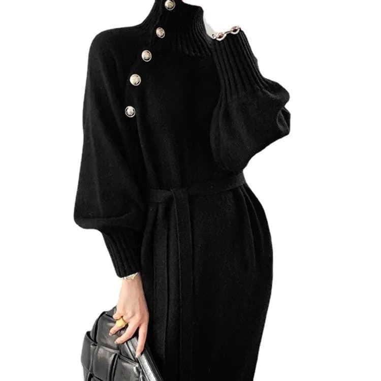 image-Japanese and Korean lace-up waist knitted dress 2021 autumn and winter new loose and thin all-match turtleneck long sweater women