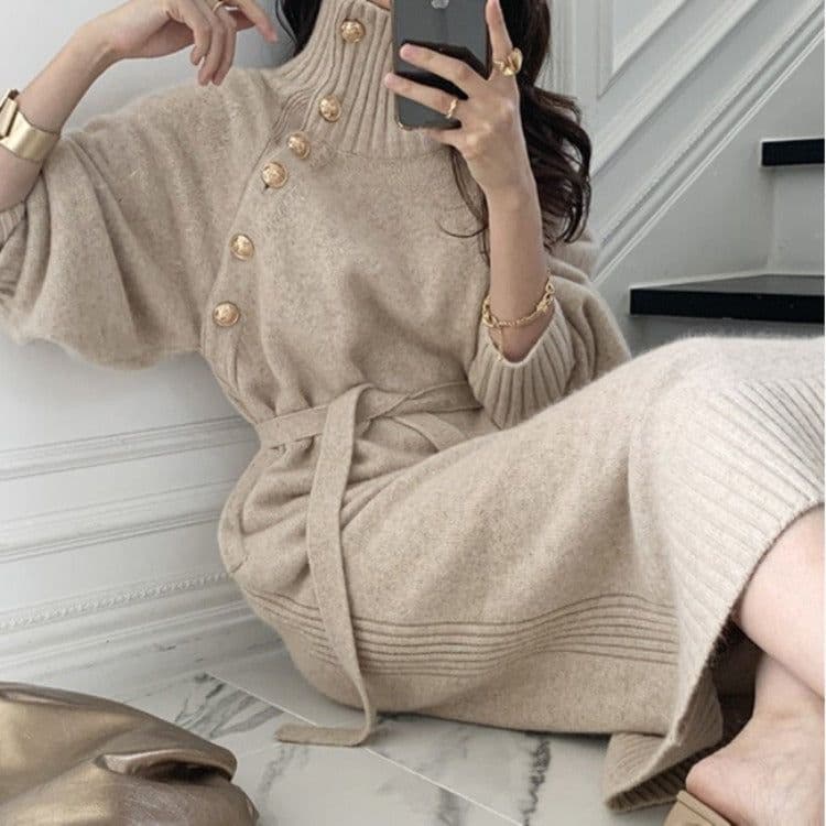 image-Japanese and Korean lace-up waist knitted dress 2021 autumn and winter new loose and thin all-match turtleneck long sweater women