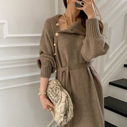 image-Japanese and Korean lace-up waist knitted dress 2021 autumn and winter new loose and thin all-match turtleneck long sweater women