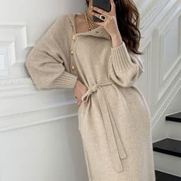 image-Japanese and Korean lace-up waist knitted dress 2021 autumn and winter new loose and thin all-match turtleneck long sweater women