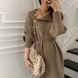 image-Japanese and Korean lace-up waist knitted dress 2021 autumn and winter new loose and thin all-match turtleneck long sweater women