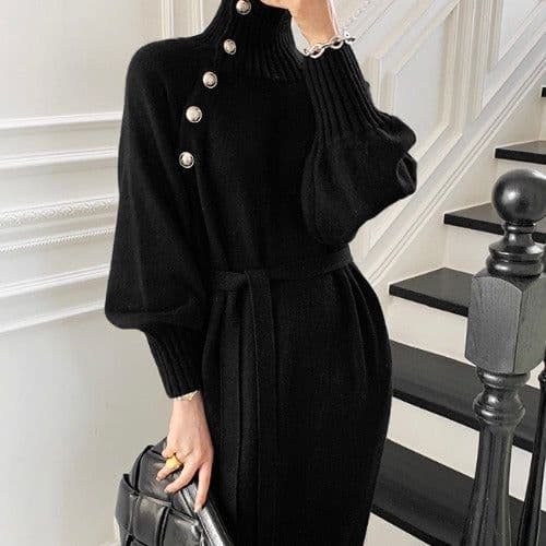 image-Japanese and Korean lace-up waist knitted dress 2021 autumn and winter new loose and thin all-match turtleneck long sweater women