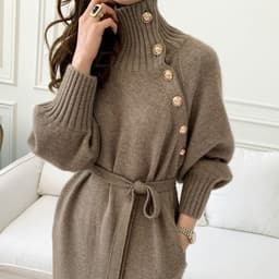 image-Japanese and Korean lace-up waist knitted dress 2021 autumn and winter new loose and thin all-match turtleneck long sweater women