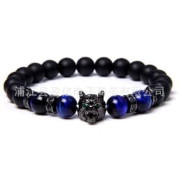 image-Cross-border Explosion Natural Tiger Eye Stone Bracelet Gem Beads Micro Inlay Zircon Wolf Head Beads Men's Foreign Trade Jewelry