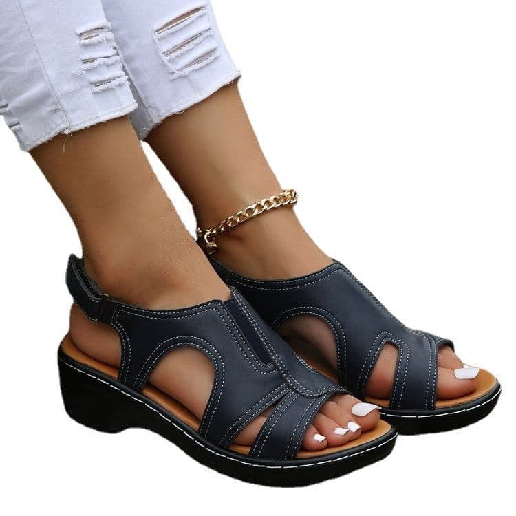 image-Large size wedge sandals women's spring and summer foreign trade new fashion car stitching Velcro fish mouth beach sandals