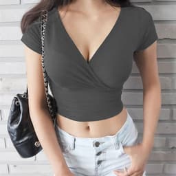 image-AliExpress Ebay Summer Solid Color V-Neck T-Shirt Women's Short Sleeve Sexy Navel Ladies Casual Top Wish