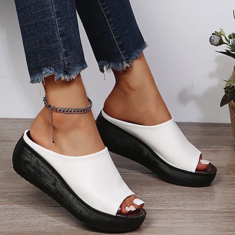 image-Slippers women's summer new ethnic style go out to wear wedge heel fish mouth one word drag muffin thick bottom retro sandals