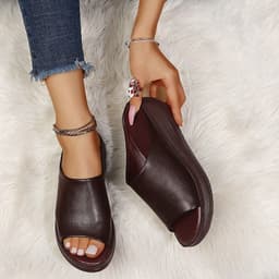 image-Slippers women's summer new ethnic style go out to wear wedge heel fish mouth one word drag muffin thick bottom retro sandals