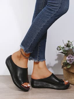 image-Slippers women's summer new ethnic style go out to wear wedge heel fish mouth one word drag muffin thick bottom retro sandals