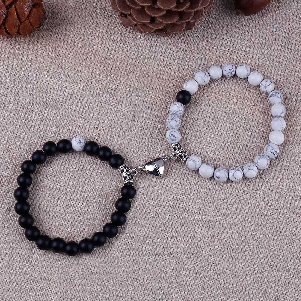 image-Cross-border explosion of a pair of love peach heart magnet couple bracelet design sense white turquoise tiger eye stone bracelet set