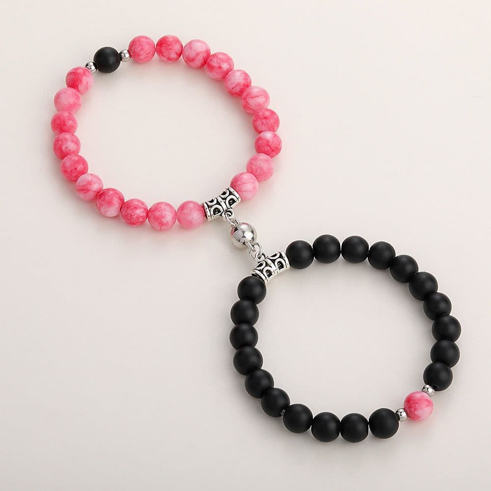 image-Cross-border explosion of a pair of love peach heart magnet couple bracelet design sense white turquoise tiger eye stone bracelet set