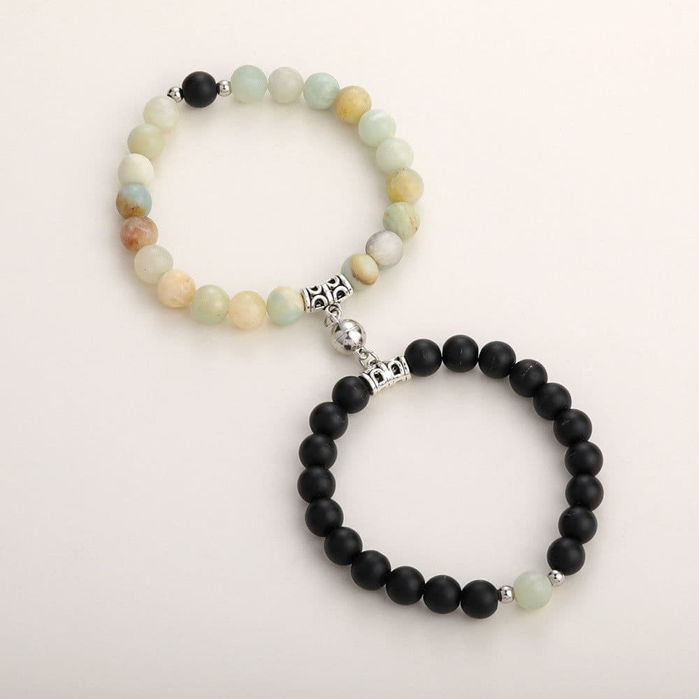 image-Cross-border explosion of a pair of love peach heart magnet couple bracelet design sense white turquoise tiger eye stone bracelet set