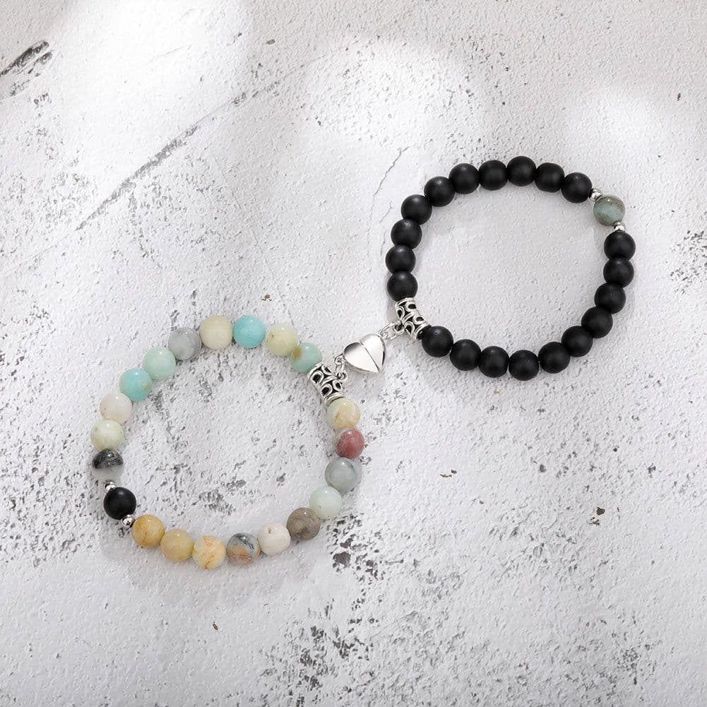 image-Cross-border explosion of a pair of love peach heart magnet couple bracelet design sense white turquoise tiger eye stone bracelet set