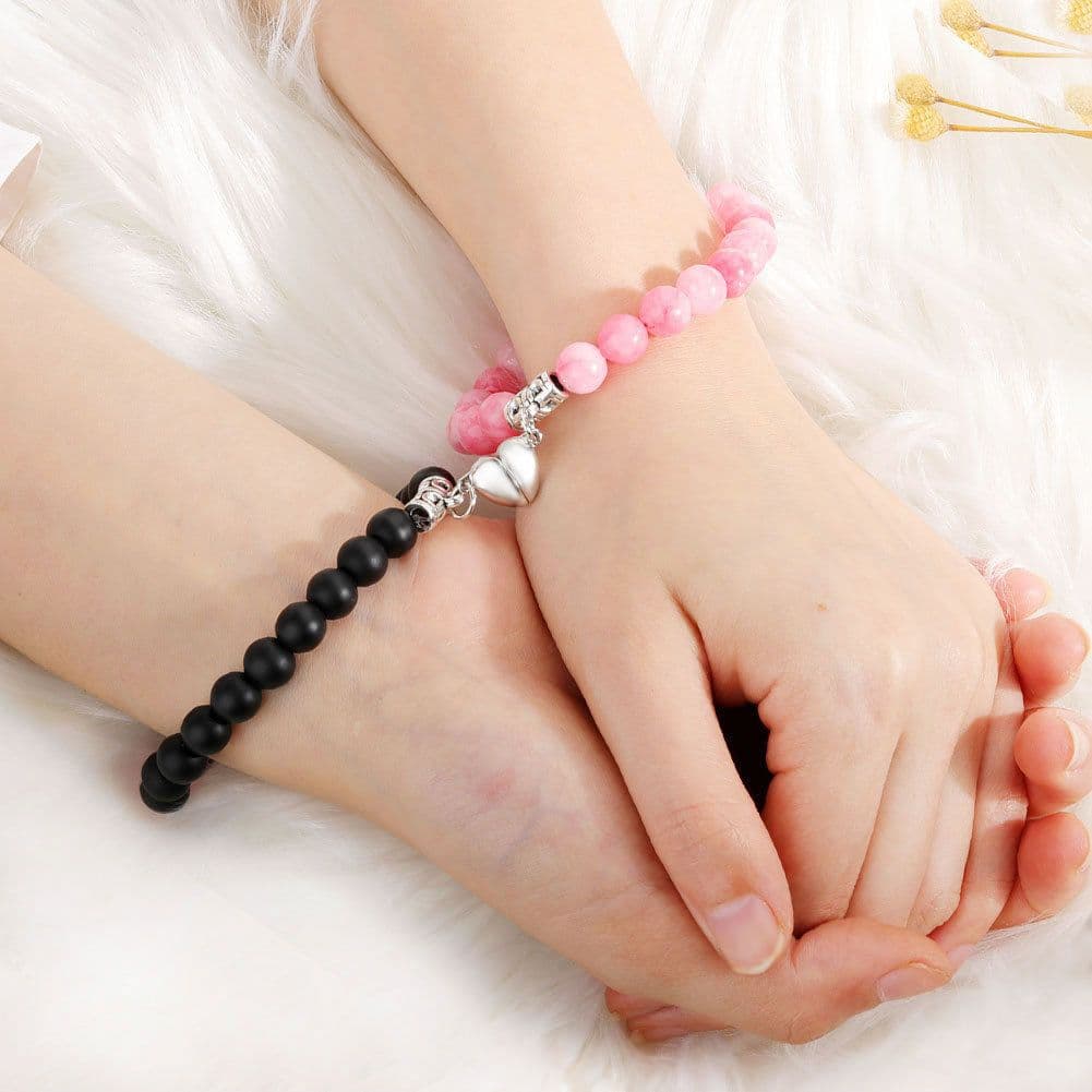 image-Cross-border explosion of a pair of love peach heart magnet couple bracelet design sense white turquoise tiger eye stone bracelet set