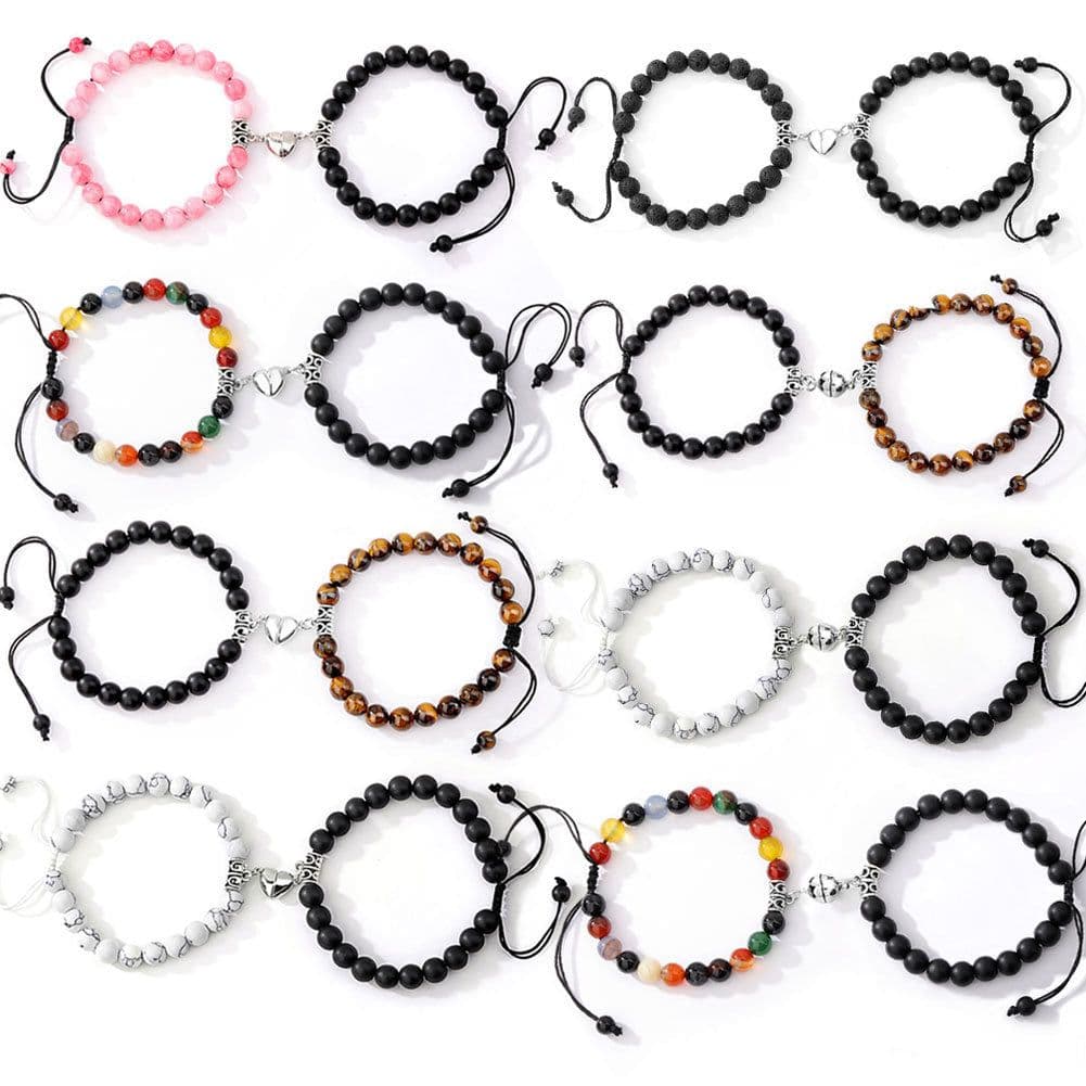 image-Cross-border explosion of a pair of love peach heart magnet couple bracelet design sense white turquoise tiger eye stone bracelet set