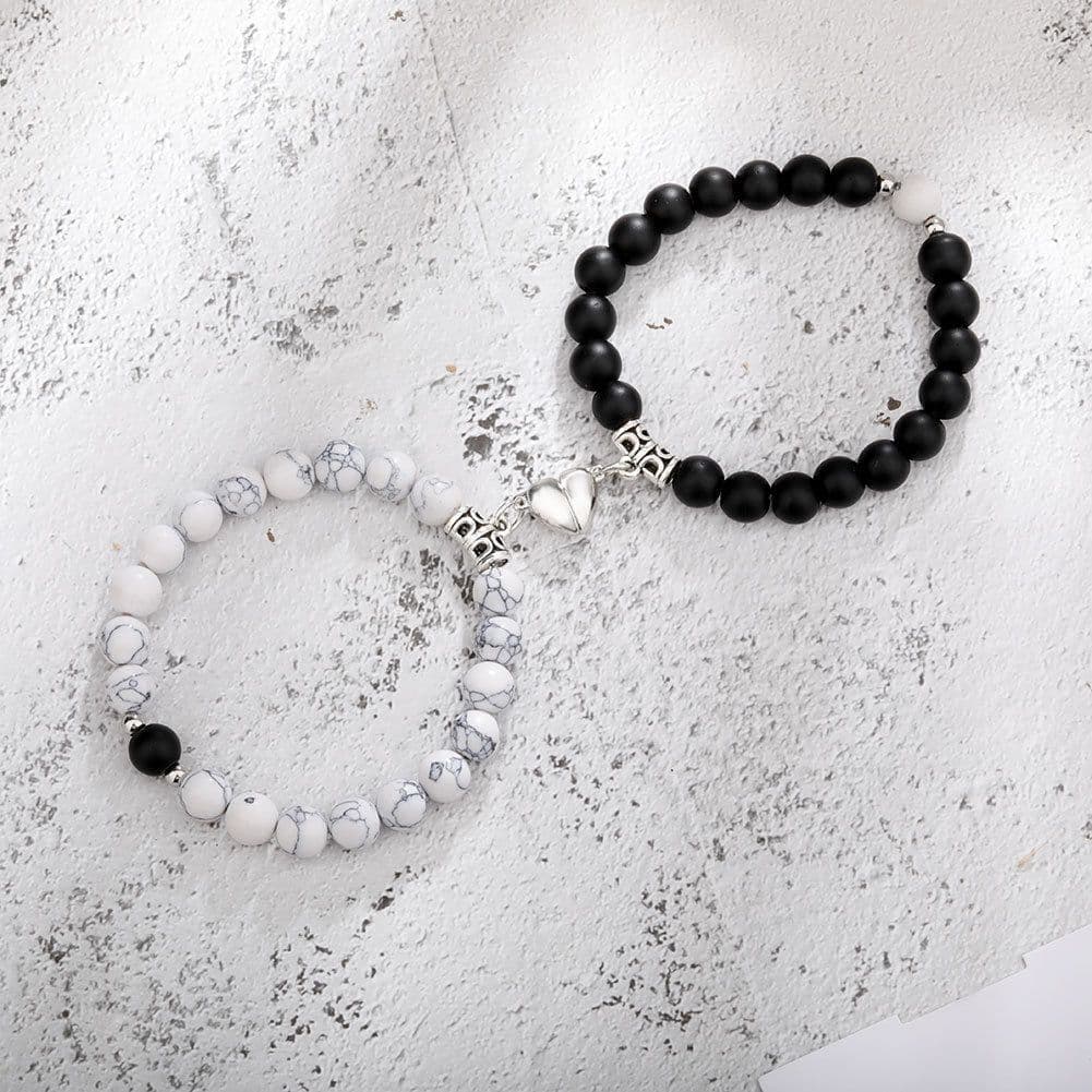 image-Cross-border explosion of a pair of love peach heart magnet couple bracelet design sense white turquoise tiger eye stone bracelet set