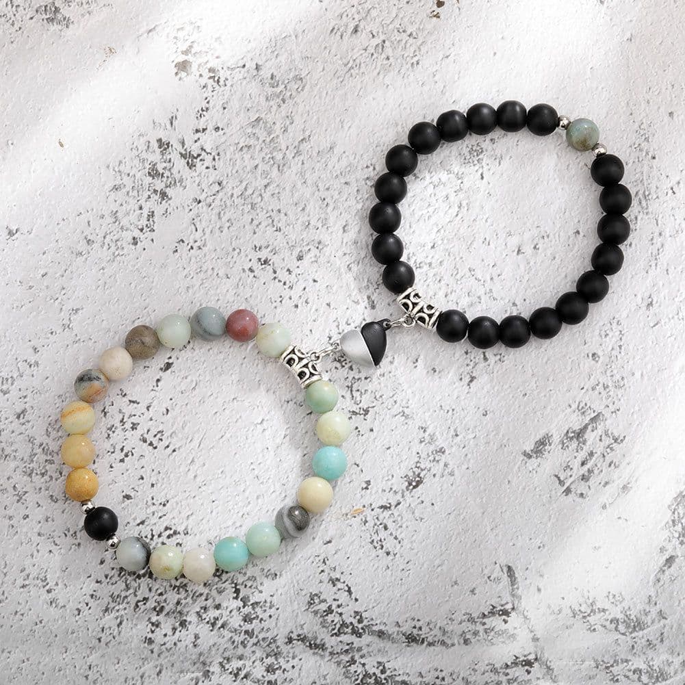 image-Cross-border explosion of a pair of love peach heart magnet couple bracelet design sense white turquoise tiger eye stone bracelet set