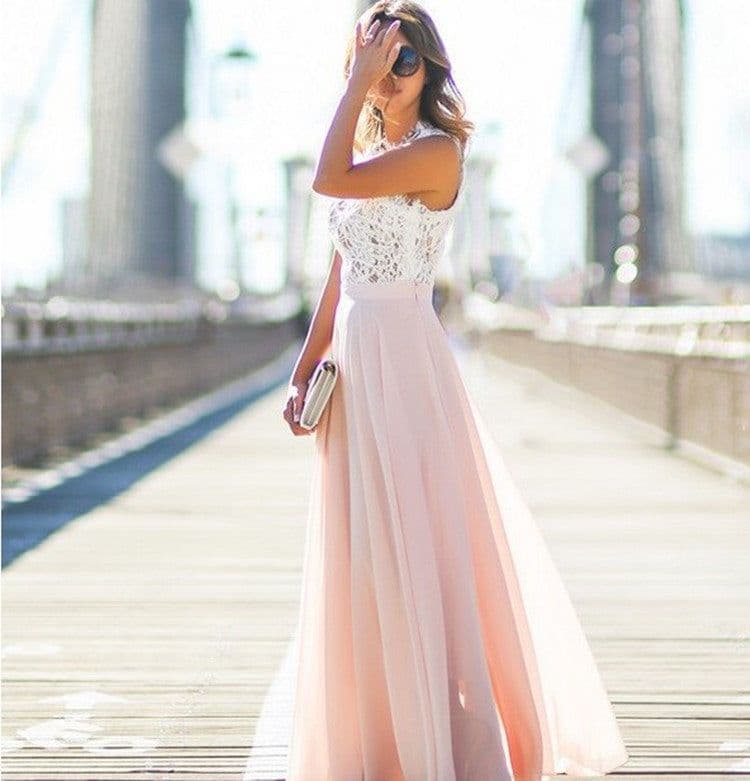 image-2020 European and American new lace stitching chiffon maxi dress dress skirt 5 colors and 5 yards in stock