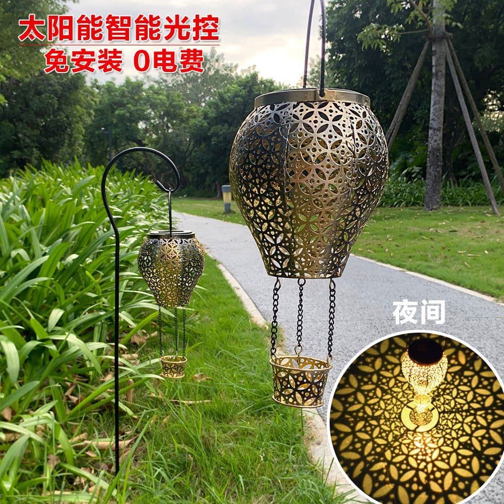 image-Outdoor new solar wrought iron lantern hollow hot air balloon landscape garden light outdoor garden decoration flood light