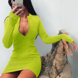 image-2021 autumn and winter trend women's cross-border popular long-sleeved dress all-match neckline zipper sexy slim hip skirt
