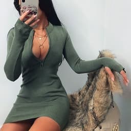 image-2021 autumn and winter trend women's cross-border popular long-sleeved dress all-match neckline zipper sexy slim hip skirt