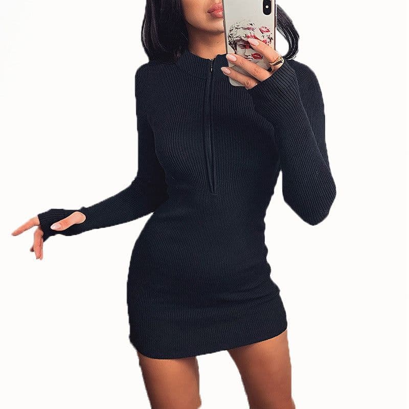 image-2021 autumn and winter trend women's cross-border popular long-sleeved dress all-match neckline zipper sexy slim hip skirt
