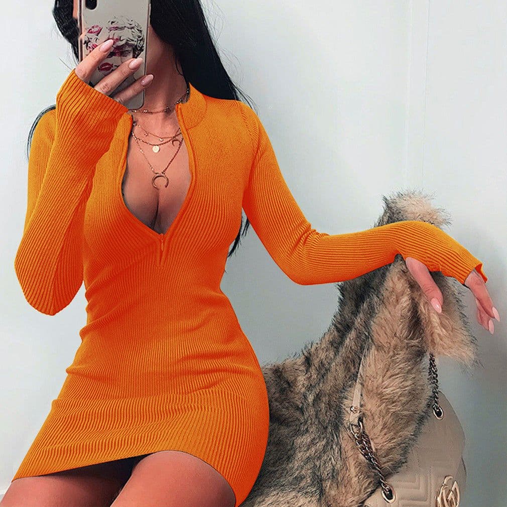 image-2021 autumn and winter trend women's cross-border popular long-sleeved dress all-match neckline zipper sexy slim hip skirt