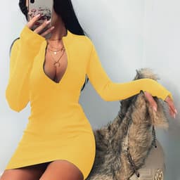 image-2021 autumn and winter trend women's cross-border popular long-sleeved dress all-match neckline zipper sexy slim hip skirt