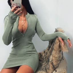 image-2021 autumn and winter trend women's cross-border popular long-sleeved dress all-match neckline zipper sexy slim hip skirt