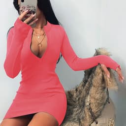 image-2021 autumn and winter trend women's cross-border popular long-sleeved dress all-match neckline zipper sexy slim hip skirt