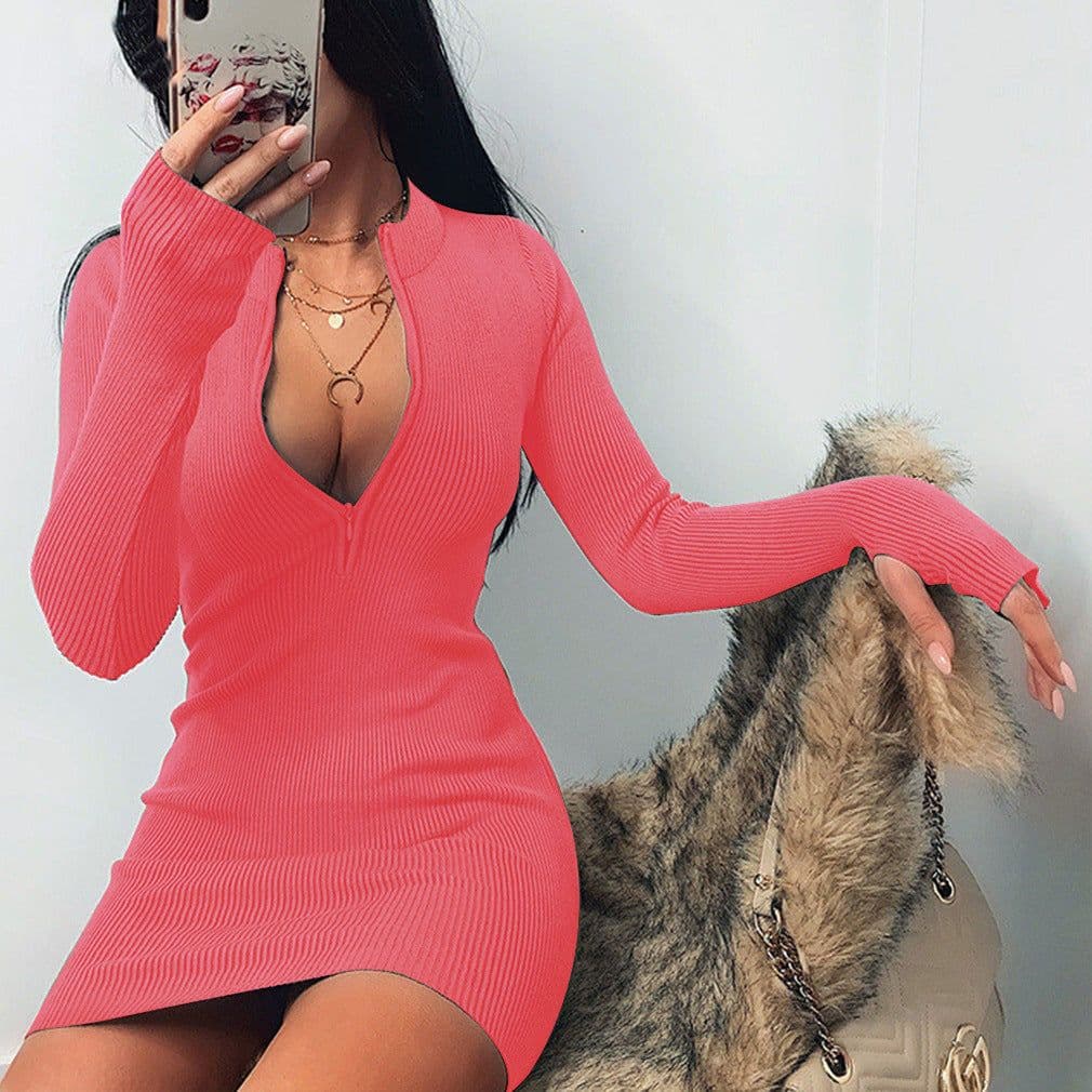 image-2021 autumn and winter trend women's cross-border popular long-sleeved dress all-match neckline zipper sexy slim hip skirt