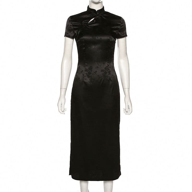image-Retro intellectual goddess Chinese style solid color Chinese style embroidery slim slit cheongsam dress TV show