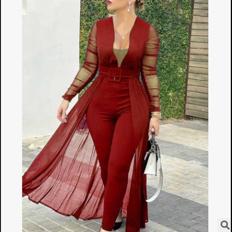 image-European and American women's culottes new solid color fashion deep v-neck long-sleeved lace stitching solid color slim bodysuit Q033