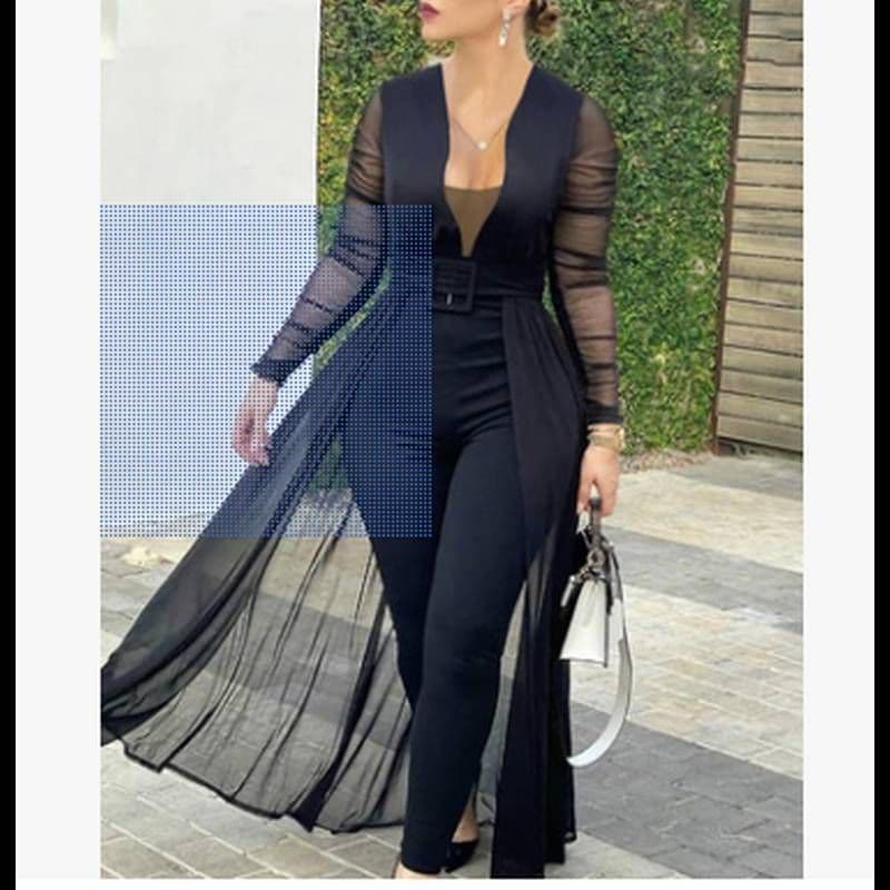 image-European and American women's culottes new solid color fashion deep v-neck long-sleeved lace stitching solid color slim bodysuit Q033