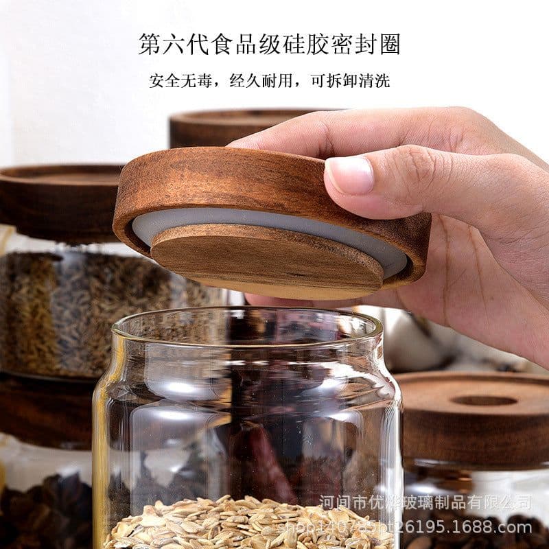 image-Japanese-style acacia wood lid sealing jar Gao Peng silicon transparent glass storage jar storage jar candy jar wholesale can logo