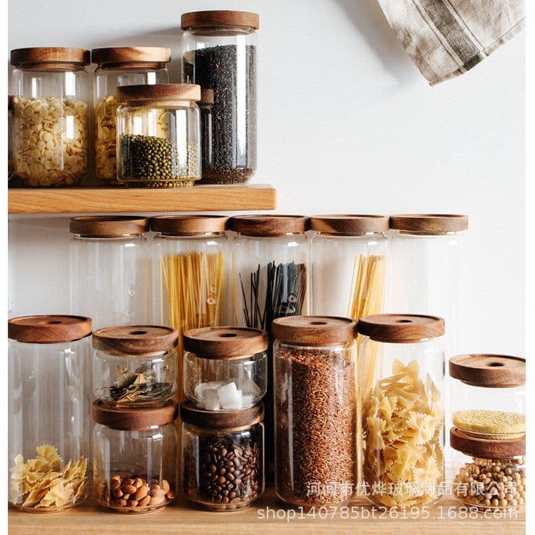 image-Japanese-style acacia wood lid sealing jar Gao Peng silicon transparent glass storage jar storage jar candy jar wholesale can logo