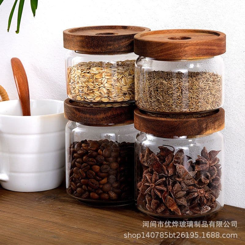 image-Japanese-style acacia wood lid sealing jar Gao Peng silicon transparent glass storage jar storage jar candy jar wholesale can logo