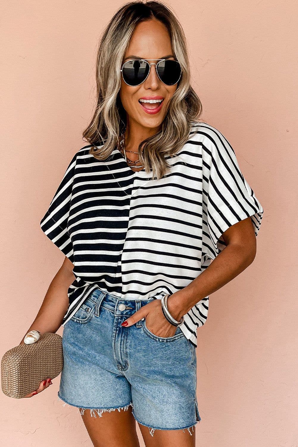 image-Black Stripe Two Tone Colorblock V Neck T Shirt