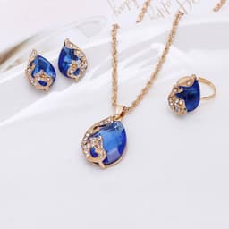 image-Peacock crystal Korean jewelry necklace water drop gemstone hollow three-piece necklace set