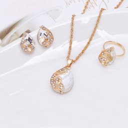 image-Peacock crystal Korean jewelry necklace water drop gemstone hollow three-piece necklace set