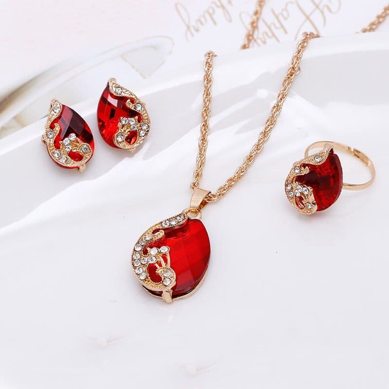 image-Peacock crystal Korean jewelry necklace water drop gemstone hollow three-piece necklace set