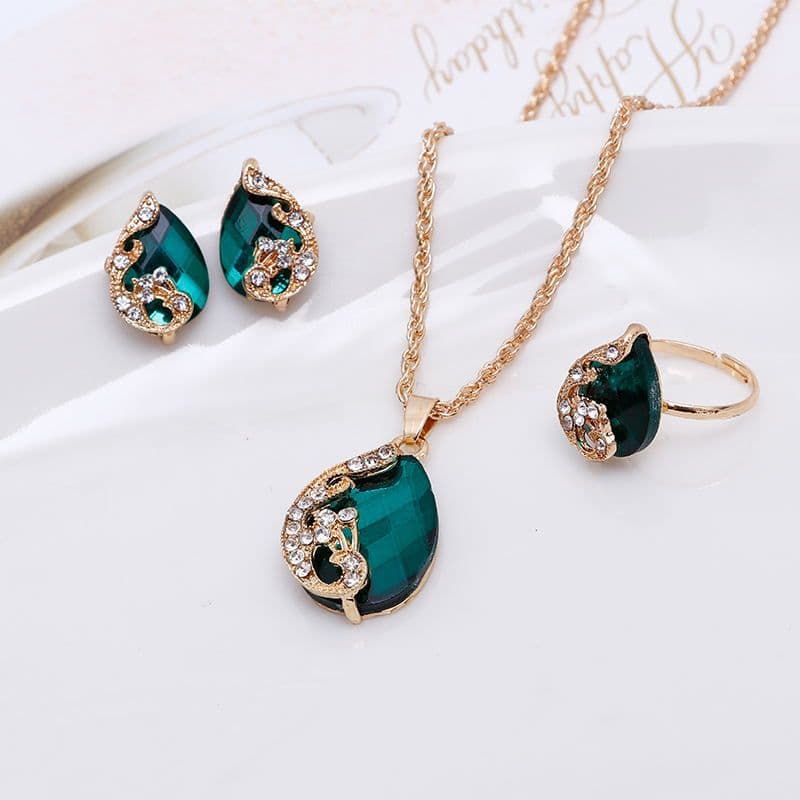 image-Peacock crystal Korean jewelry necklace water drop gemstone hollow three-piece necklace set