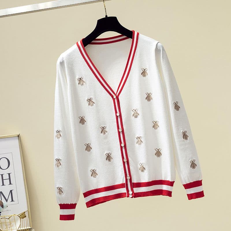 image-Early autumn new style bee embroidery thin ice silk commuter sweater small fragrance wind top coat sweater tide cardigan women