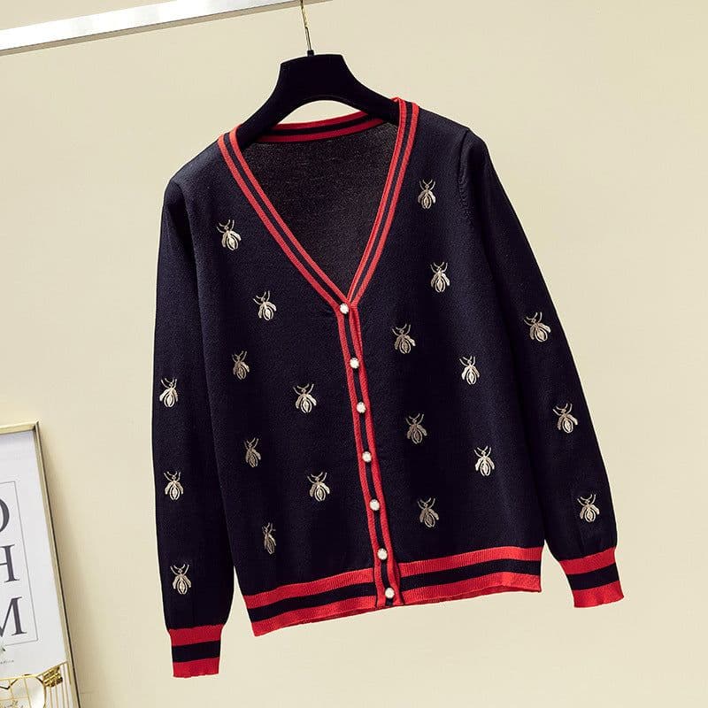 image-Early autumn new style bee embroidery thin ice silk commuter sweater small fragrance wind top coat sweater tide cardigan women