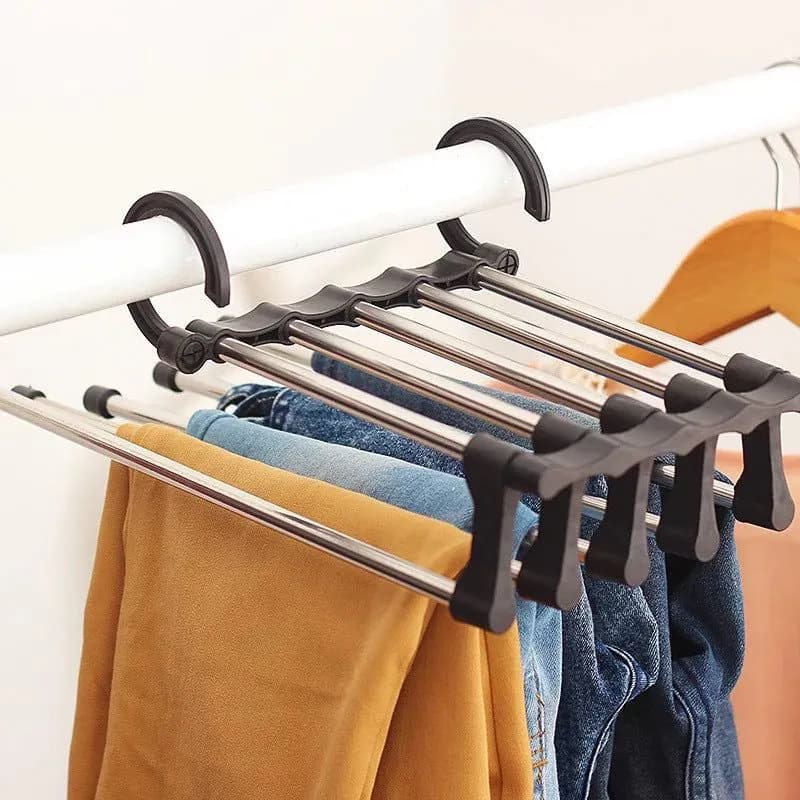 image-Multifunctional stainless steel magic trousers rack multi-layer household storage magic clothes rack telescopic folding trousers rack clothes rack